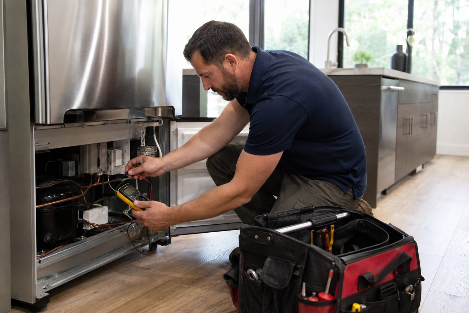 A technician diagnosing a built-in refrigerator